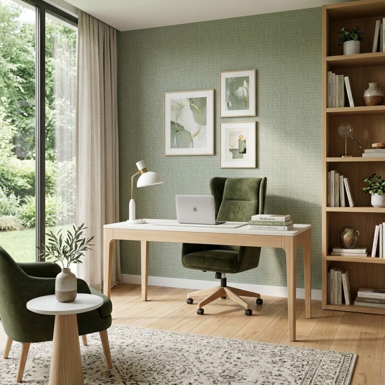 Home office boho papel de parede verde vivi decor