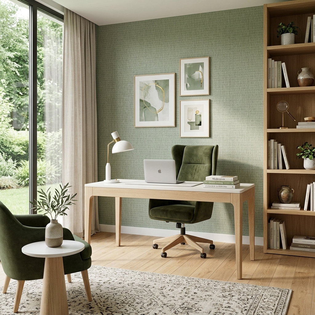 Home office boho papel de parede verde vivi decor