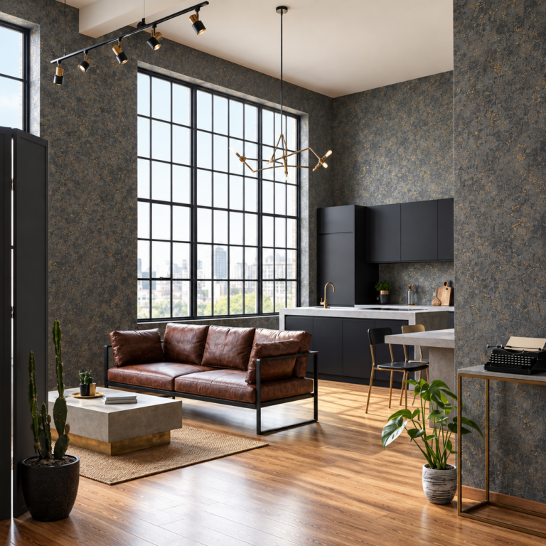 Loft industrial com luz natural e texturas ricas