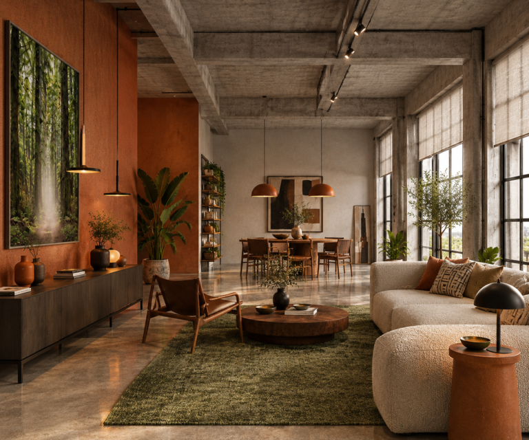 Loft industrial em tons terrosos