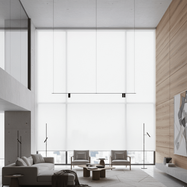 cortina rolo tela solar branca para pé direito duplo vivi decor sao paulo