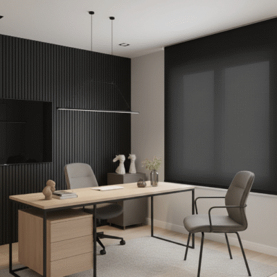 cortina rolo tela solar preta para ambientes corporativos vivi decor