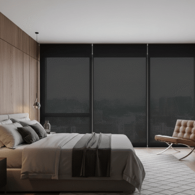 cortina rolo tela solar preta para dormitorio vivi decor sao paulo